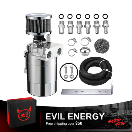 EVIL ENERGY Baffled Oil Catch Can Oil Separator Catch Can with Breather Filter 300ml Universal[silver,with Breather Filter]