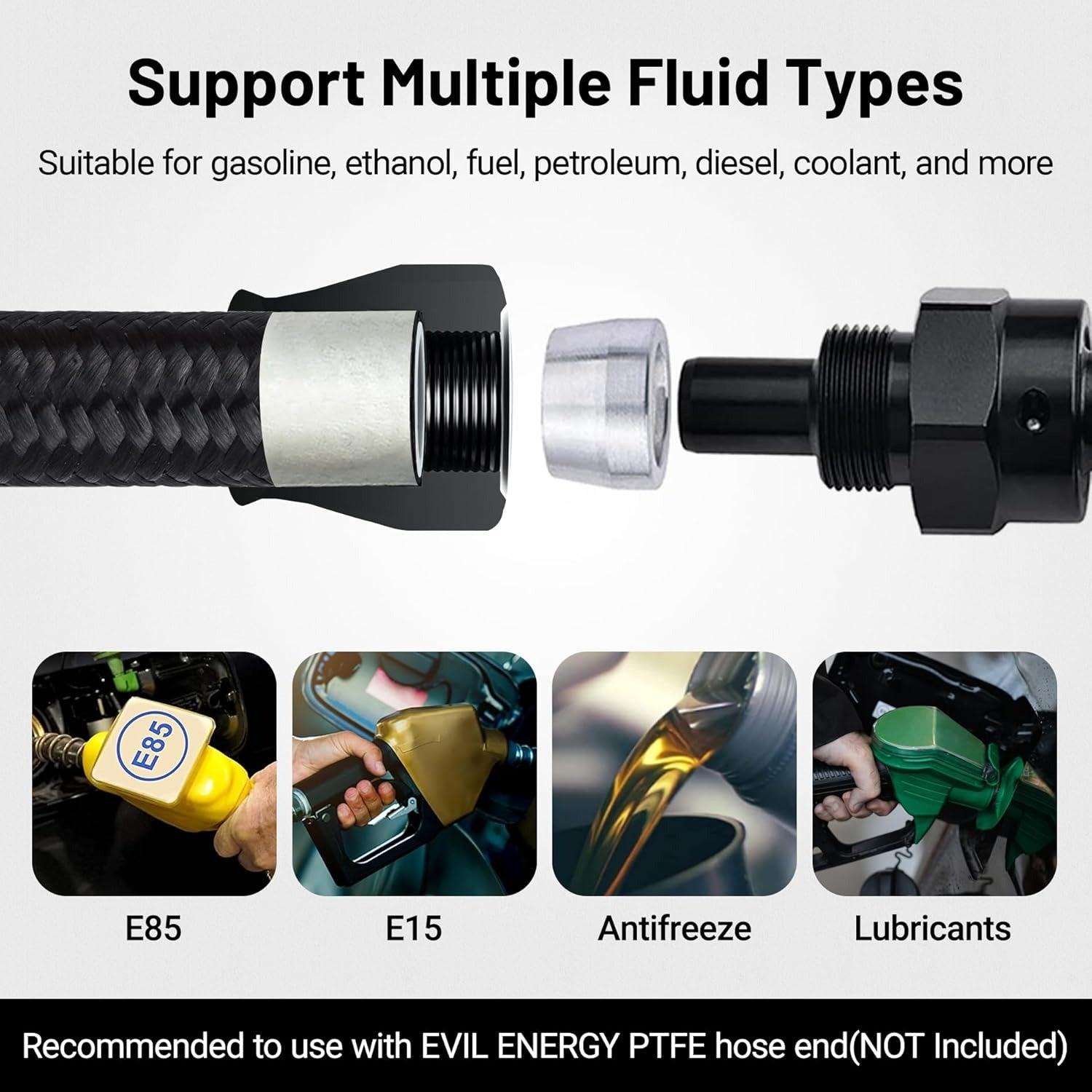 EVIL ENERGY 4/6/8/10AN PTFE Fuel Line Kit | E85 Nylon Braided Hose | 16/20FT Black Black with Comprehensive Fittings