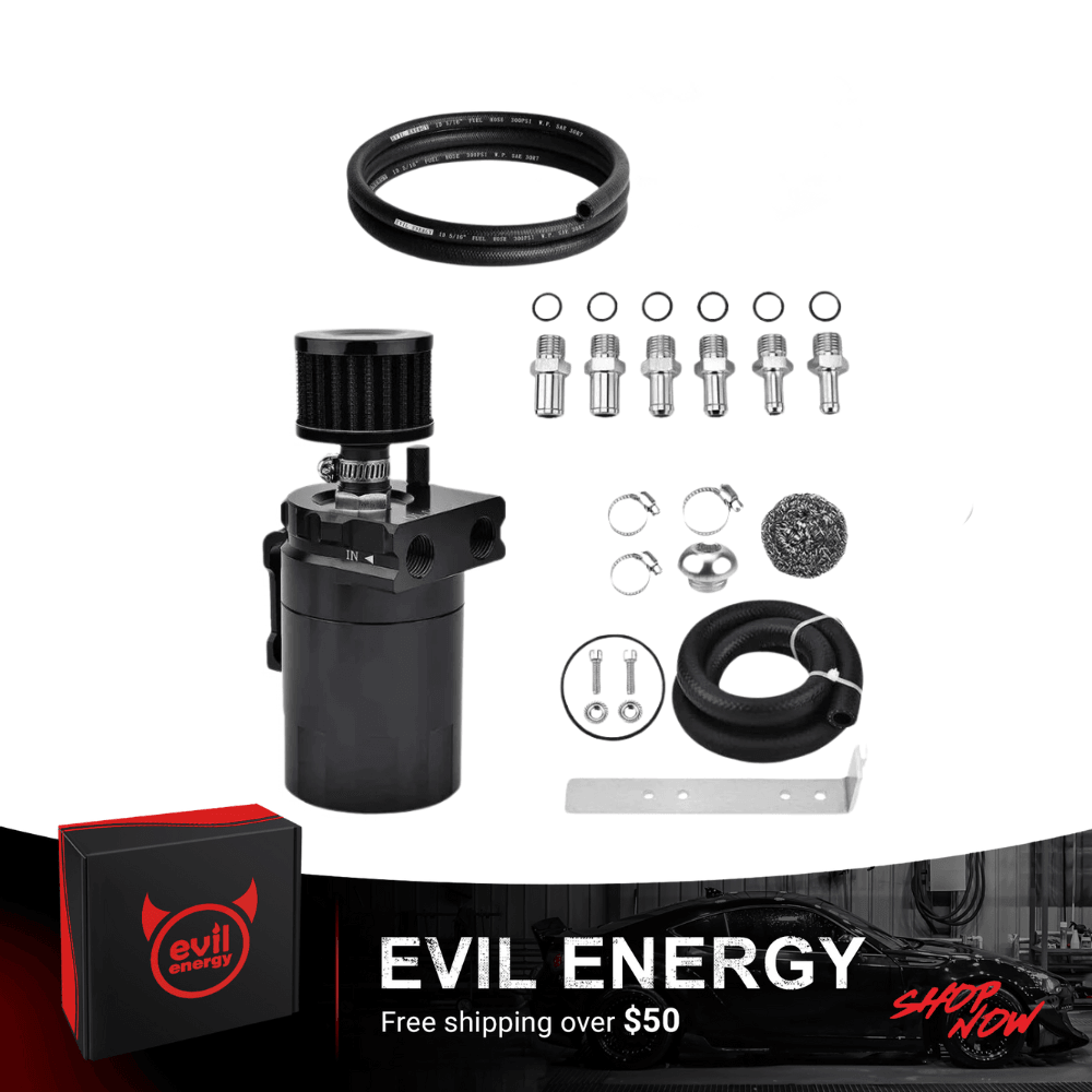 EVIL ENERGY Baffled Oil Catch Can Breather Filter with 1/2 Fuel Hose Line Rubber SAE 30R7 217PSI Universal