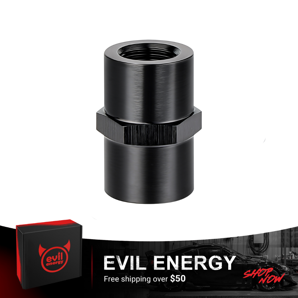 EVIL ENERGY NPT Female-to-Female Aluminum Adapter in black anodized finish for fuel, oil, and hydraulic systems