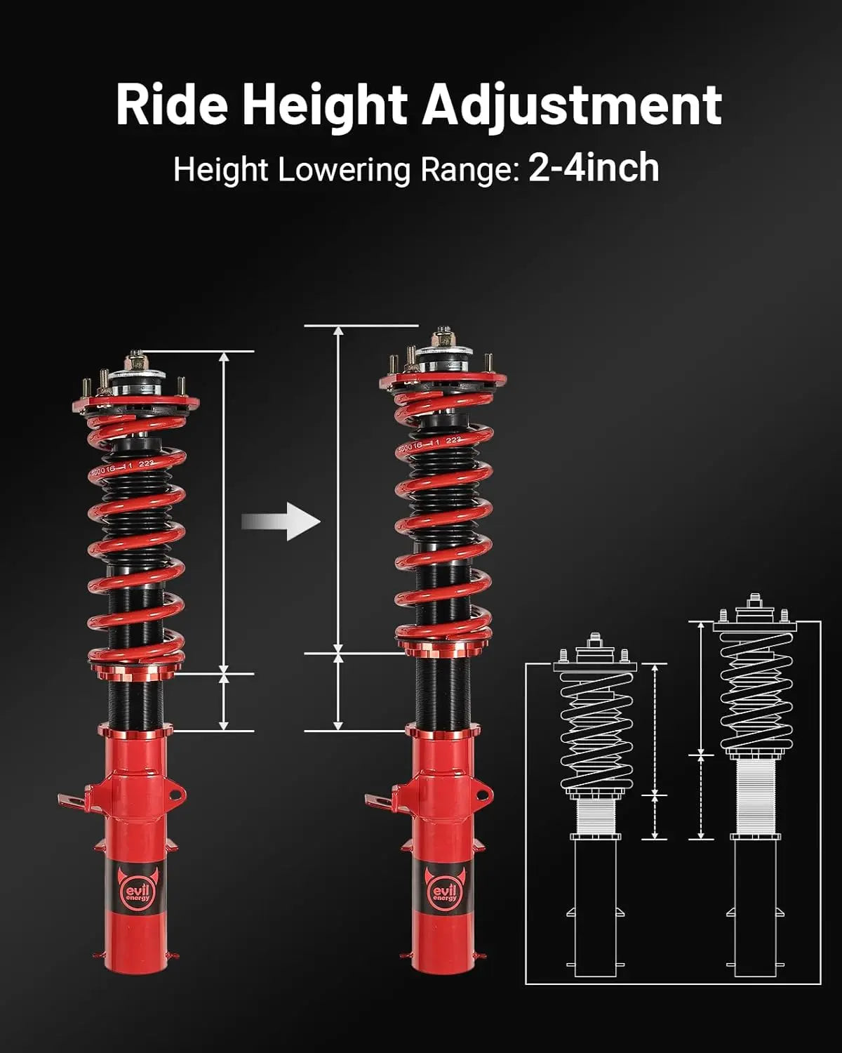 EVIL ENERGY EVIL ENERGY Coilovers Suspension Kit Coilovers Compatible for Honda Civic 1988-2000 Honda CRX 1989-1991 Delsol 1993-1997 Acura Integra 1994-2001 Height Adjustable Coilovers Lowering Kit