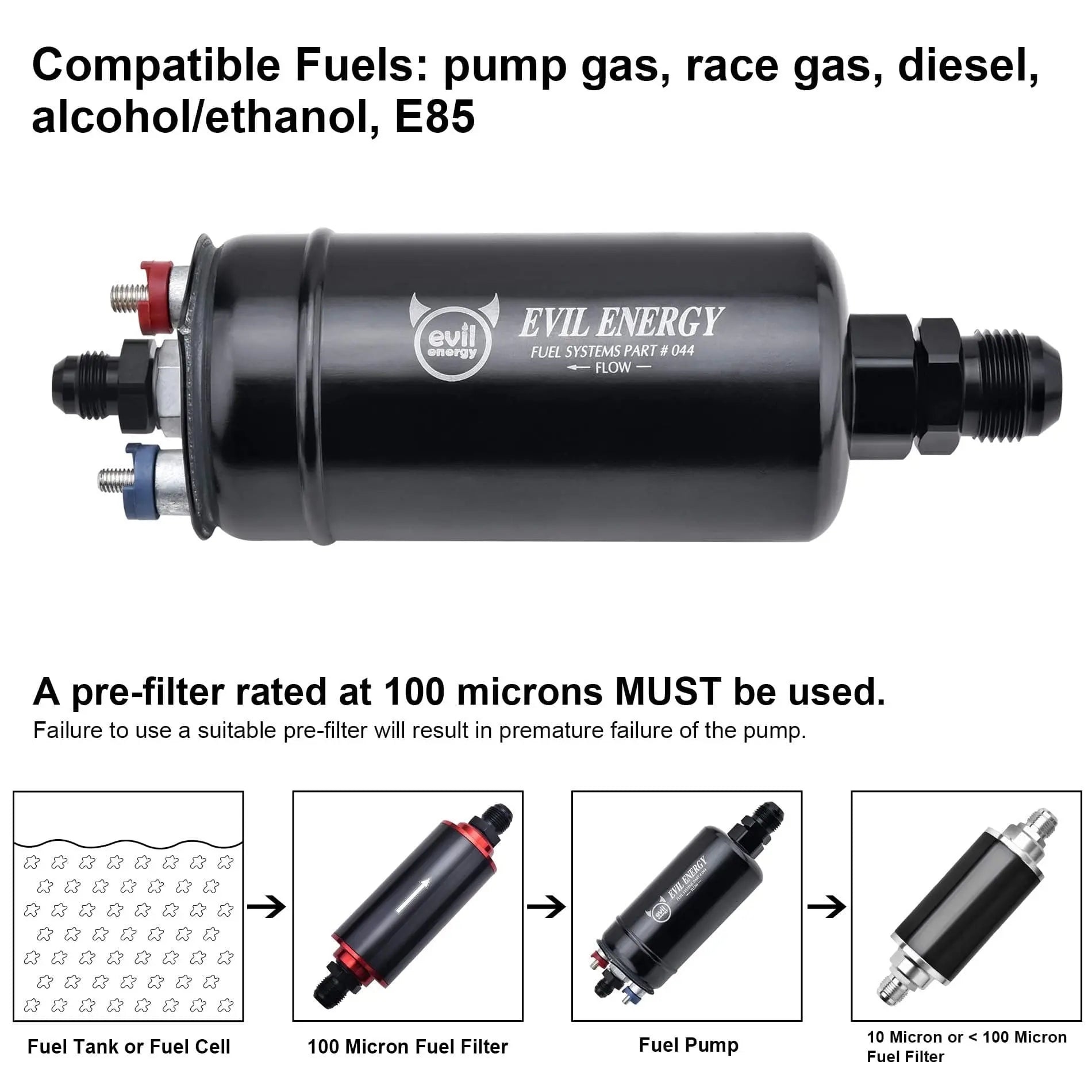 EVIL ENERGY External Inline Fuel Pump Electric 300LPH High Flow 12V  Universal 2PCS