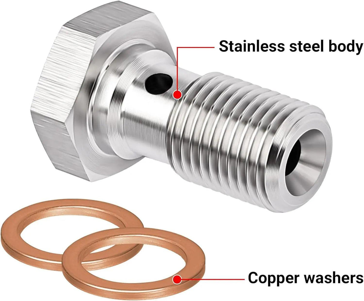 mysite EVIL ENERGY M10x1.0 Metric Stainless Steel Single Banjo Bolt Brake Fitting Adapter 20mm Length with Copper Washers