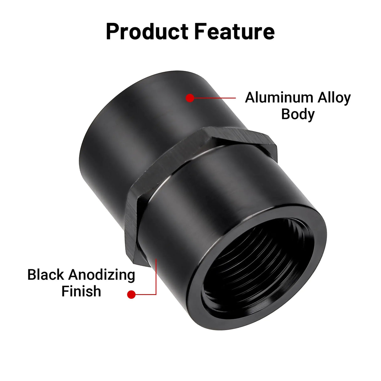 EVIL ENERGY NPT Female-to-Female Aluminum Adapter in black anodized finish for fuel, oil, and hydraulic systems