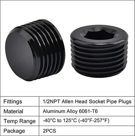 Evilenergy EVIL ENERGY NPT Plugs Aluminum Socket Allen Head Pipe Black 2PCS