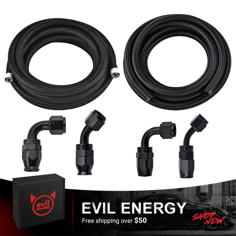 EVIL ENERGY High-Performance AN6 Fuel Line Kit with Black Anodized PTFE & CPE Hoses and 45° & 90° Fittings