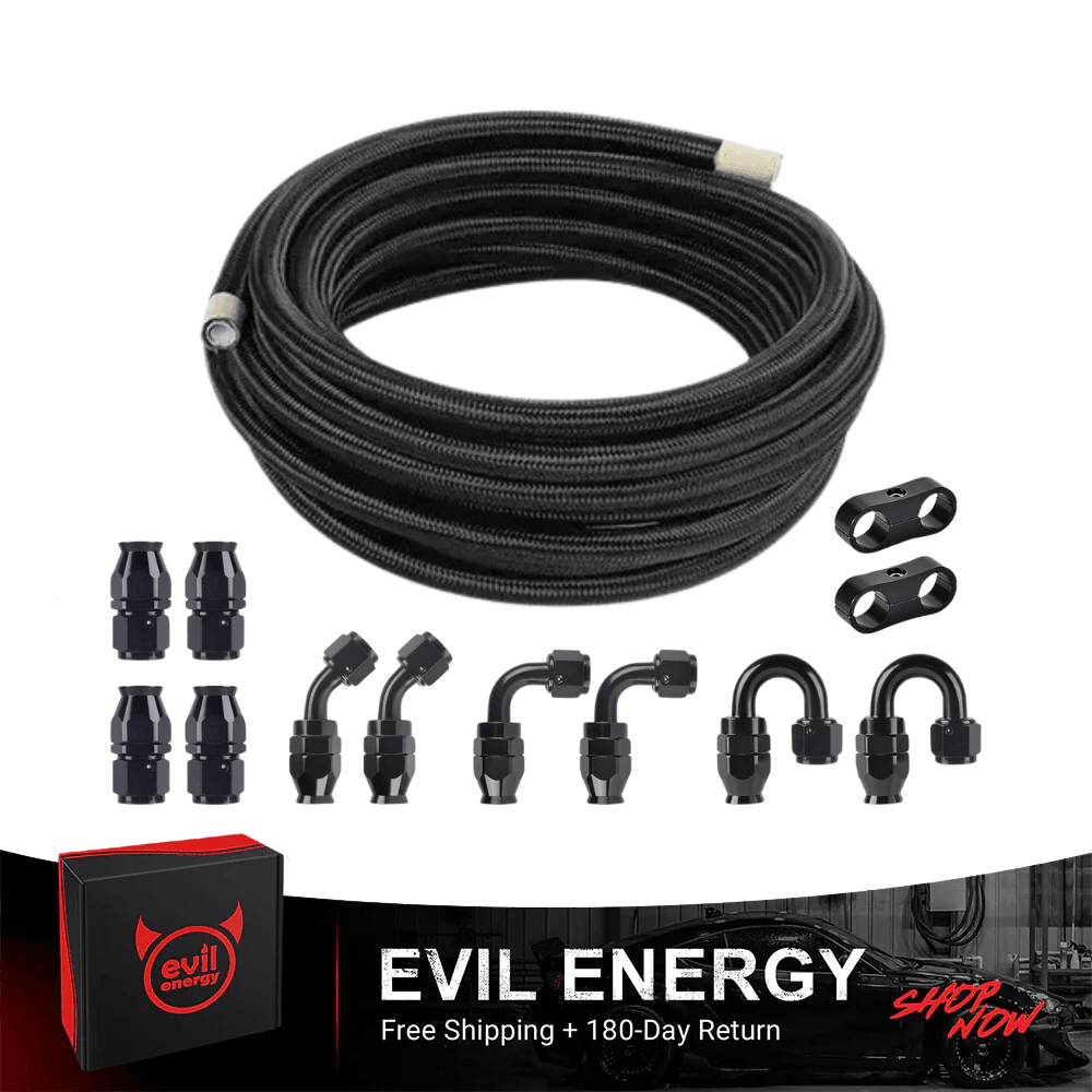 EVIL ENERGY 4/6/8/10AN PTFE Fuel Line Kit | E85 Nylon Braided Hose | 16/20FT Black Black with Comprehensive Fittings  [20FT]